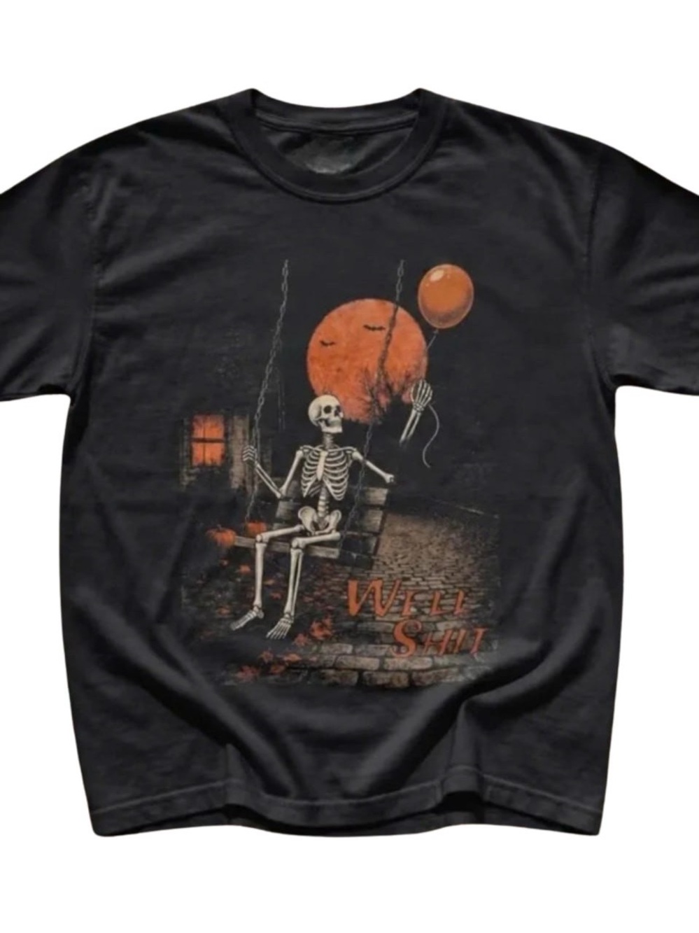 Black Short-Sleeve Skeleton Graphic Tee with Orange Accents